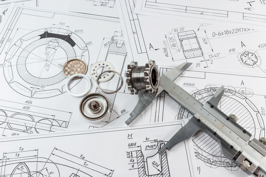 Technical drawing and caliper parts – steel and gear.